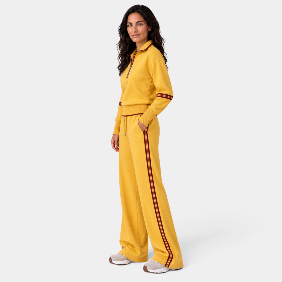 Conjunto Mujer Loungewear con Top Corto de Media Cremallera y Pantalón Ancho