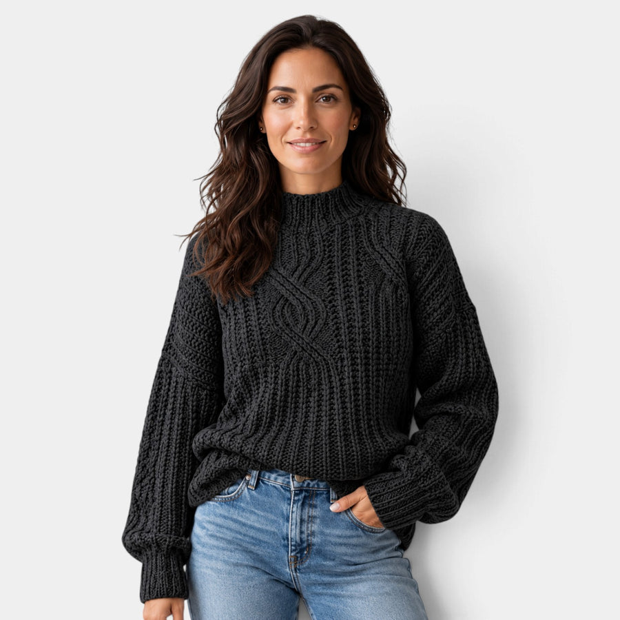 Women's Oversized Cable-Knit Turtleneck Sweater with Balloon Sleeves