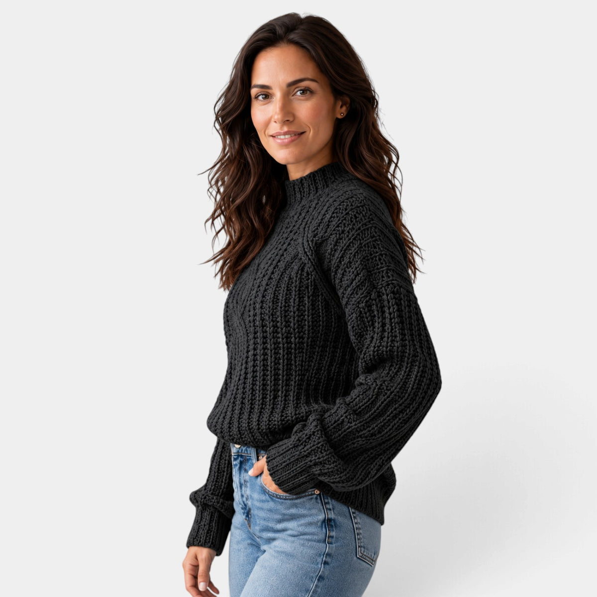 Women's Oversized Cable-Knit Turtleneck Sweater with Balloon Sleeves