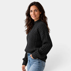 Women's Oversized Cable-Knit Turtleneck Sweater with Balloon Sleeves