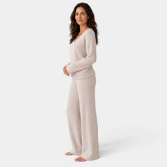 Women's Ribbed Knit Set with V-Neck Sweater and Wide-Leg Trousers