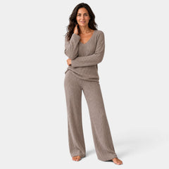 Women's Ribbed Knit Set with V-Neck Sweater and Wide-Leg Trousers