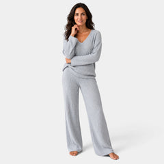 Women's Ribbed Knit Set with V-Neck Sweater and Wide-Leg Trousers