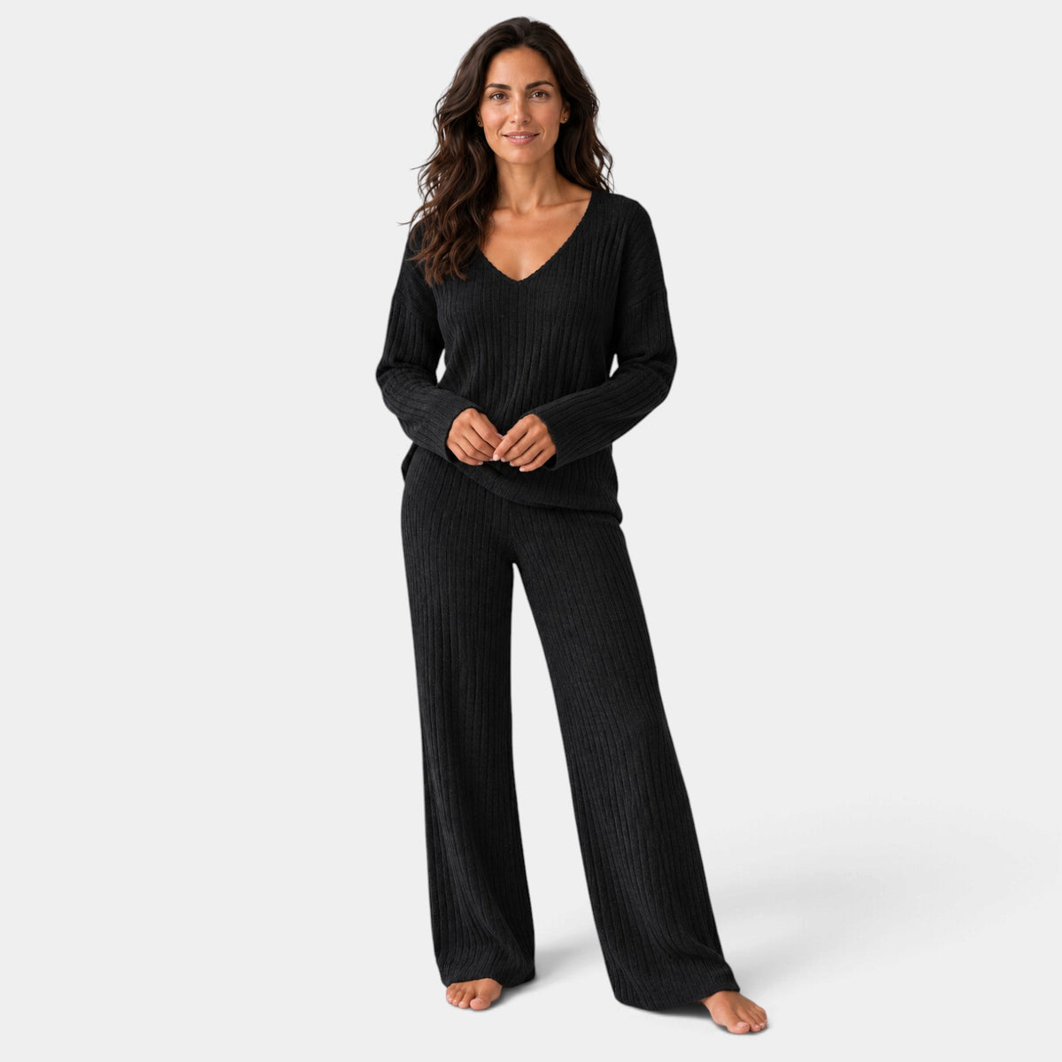 Women's Ribbed Knit Set with V-Neck Sweater and Wide-Leg Trousers