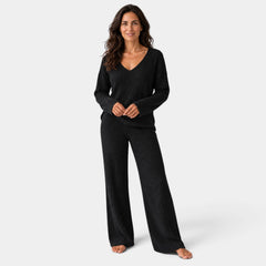 Women's Ribbed Knit Set with V-Neck Sweater and Wide-Leg Trousers
