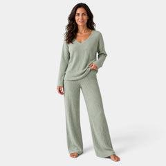 Women's Ribbed Knit Set with V-Neck Sweater and Wide-Leg Trousers