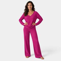 Women's Ribbed Knit Set with V-Neck Sweater and Wide-Leg Trousers