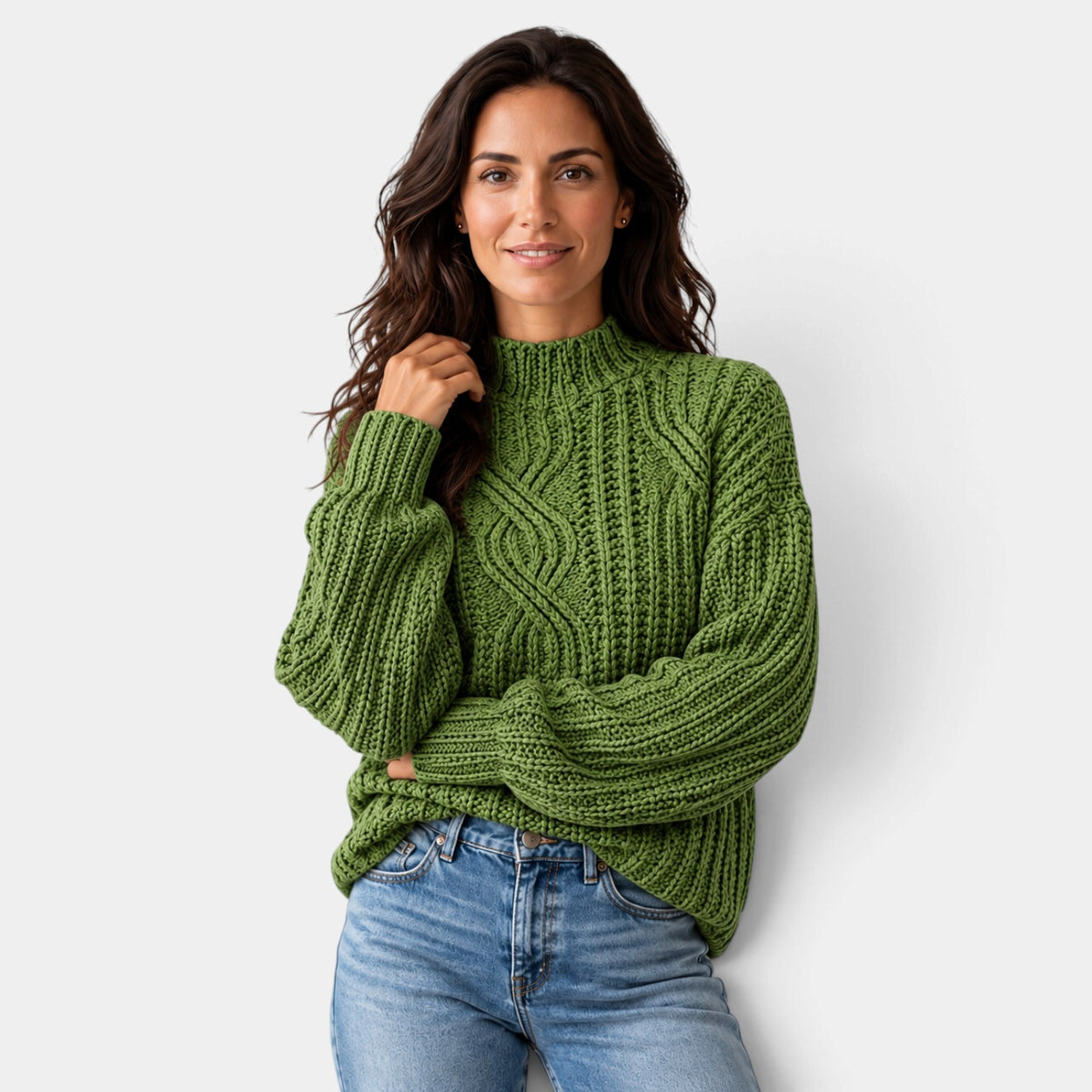 Women's Oversized Cable-Knit Turtleneck Sweater with Balloon Sleeves