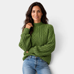 Women's Oversized Cable-Knit Turtleneck Sweater with Balloon Sleeves