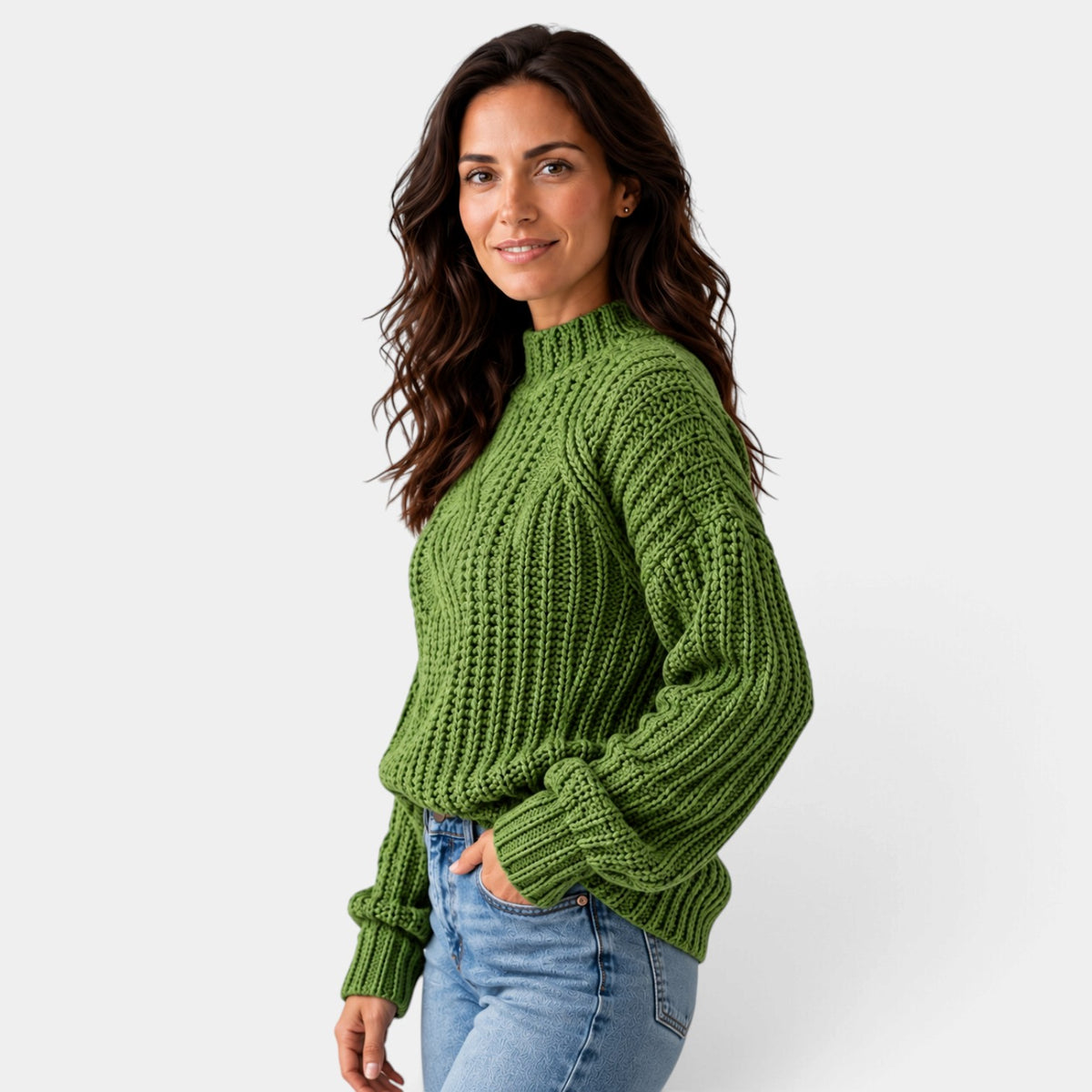 Women's Oversized Cable-Knit Turtleneck Sweater with Balloon Sleeves