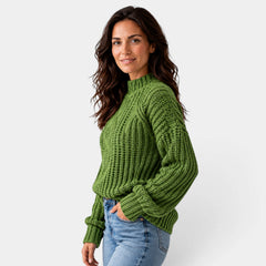 Women's Oversized Cable-Knit Turtleneck Sweater with Balloon Sleeves