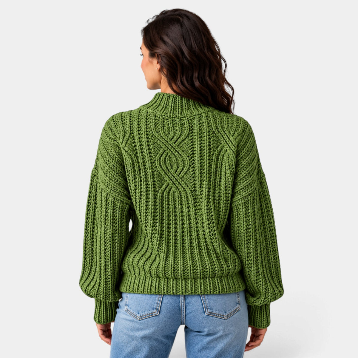 Women's Oversized Cable-Knit Turtleneck Sweater with Balloon Sleeves