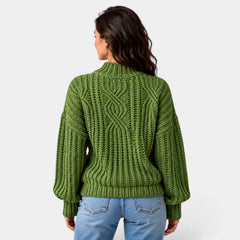 Women's Oversized Cable-Knit Turtleneck Sweater with Balloon Sleeves