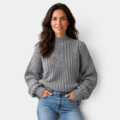 Women's Oversized Cable-Knit Turtleneck Sweater with Balloon Sleeves