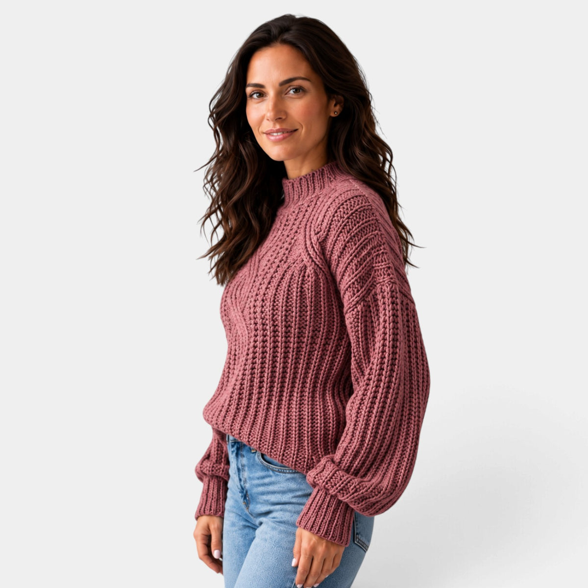 Women's Oversized Cable-Knit Turtleneck Sweater with Balloon Sleeves