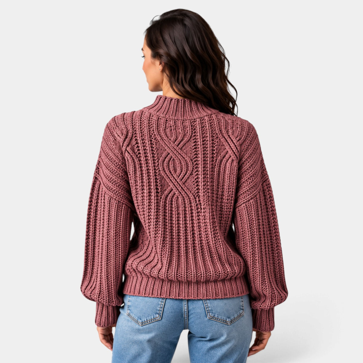 Women's Oversized Cable-Knit Turtleneck Sweater with Balloon Sleeves