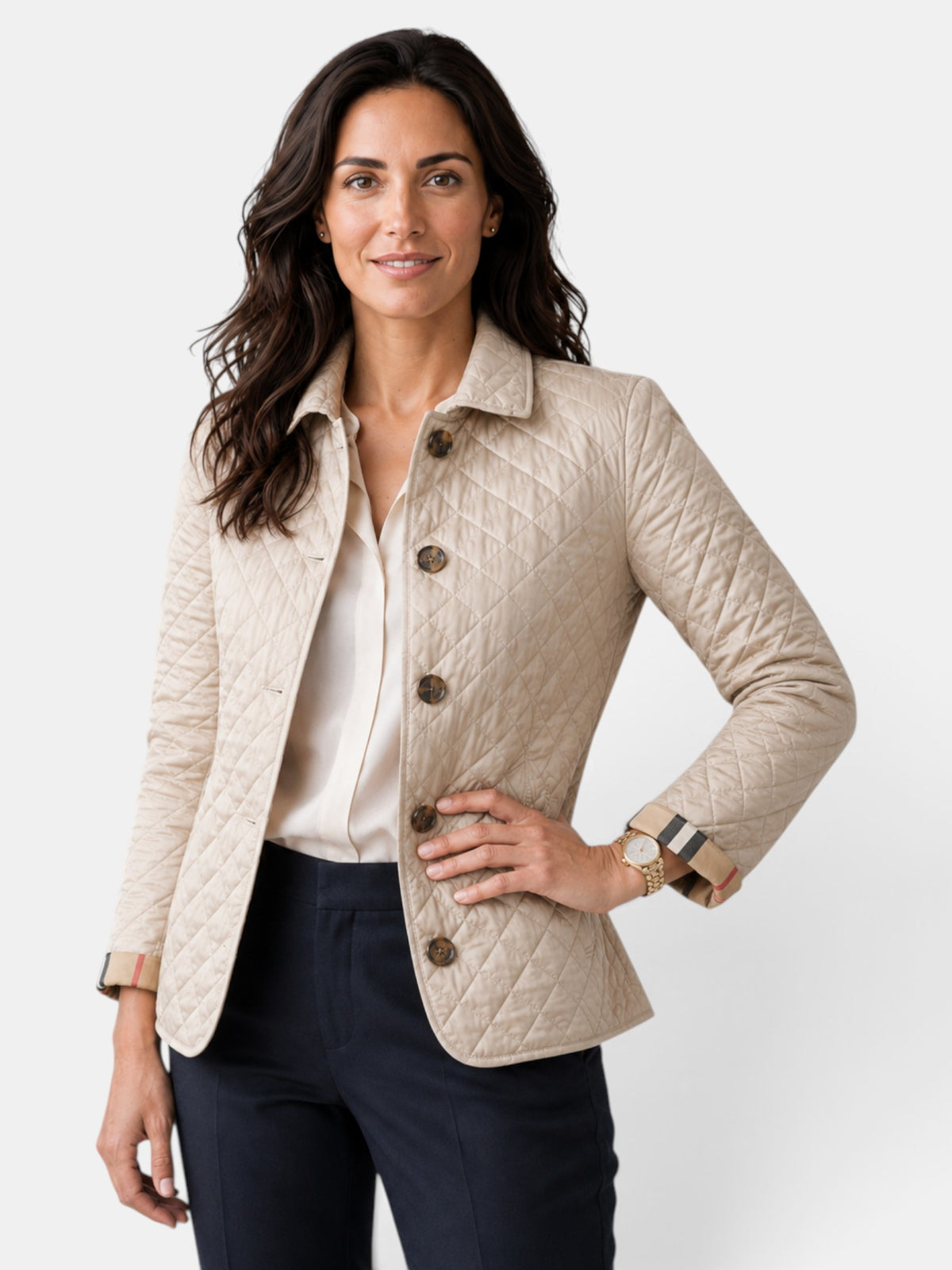 Chaqueta Acolchada de Mujer con Cuello Camisero y Botones