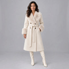 Women's Cream Long Double-Breasted Coat - Faux Fur Collar