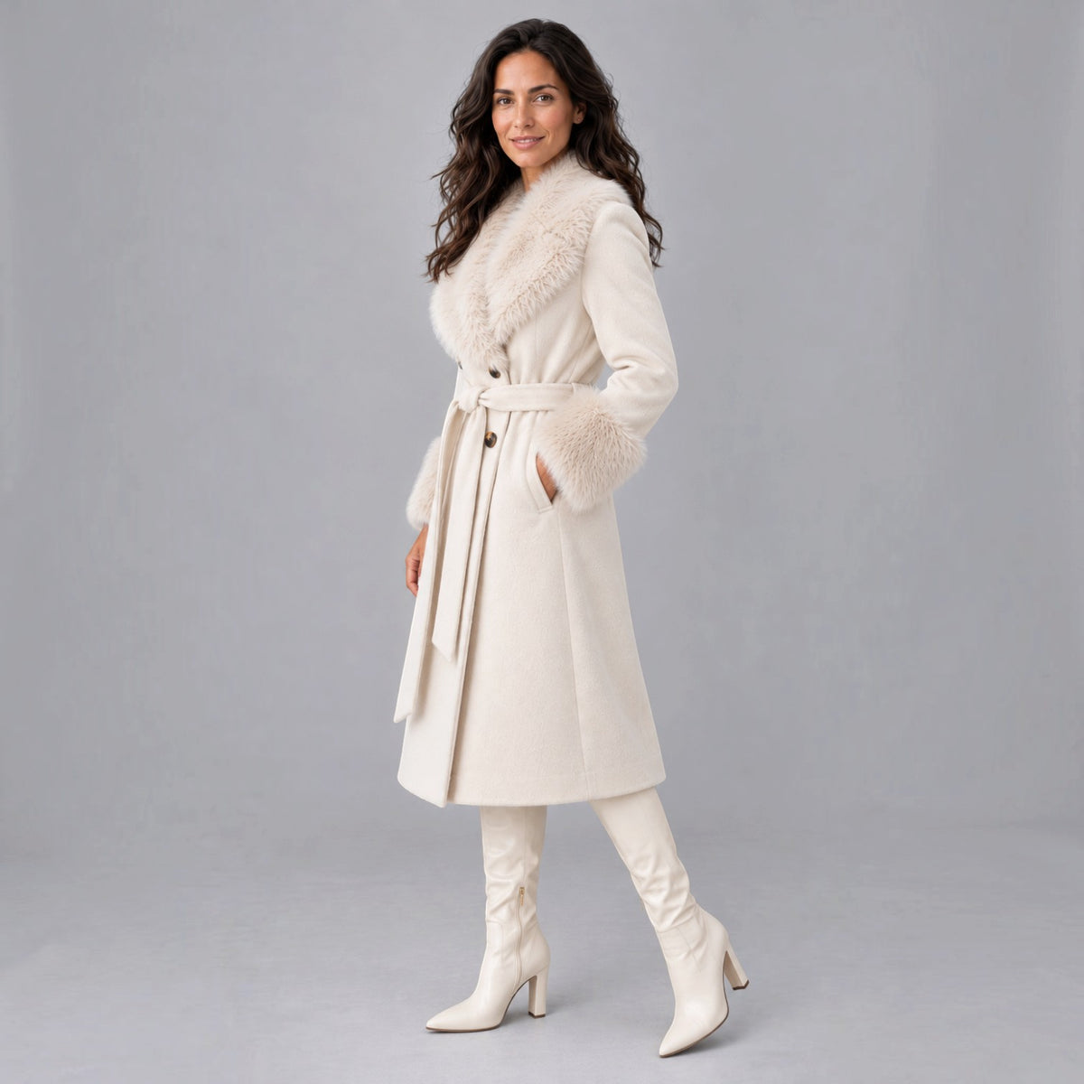 Women's Cream Long Double-Breasted Coat - Faux Fur Collar
