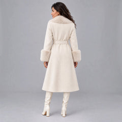 Women's Cream Long Double-Breasted Coat - Faux Fur Collar