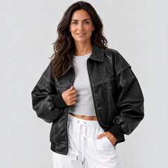 Cazadora Bomber Mujer de Piel Oversize con Bajo Elástico