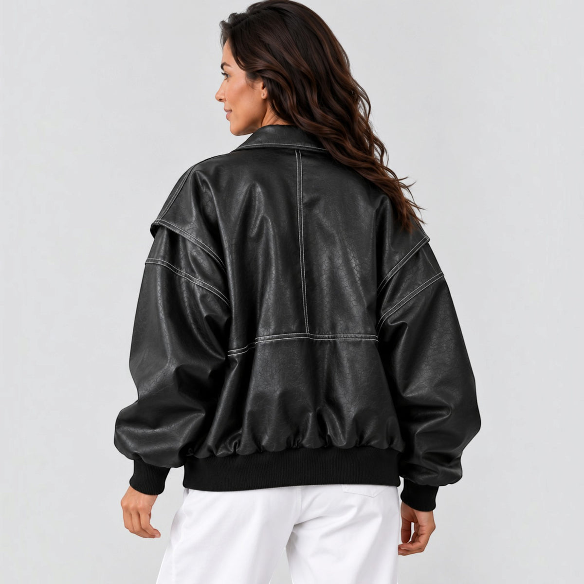 Cazadora Bomber Mujer de Piel Oversize con Bajo Elástico