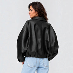 Chaqueta Mujer de Piel Oversize con Cinturón y Mangas Amplias