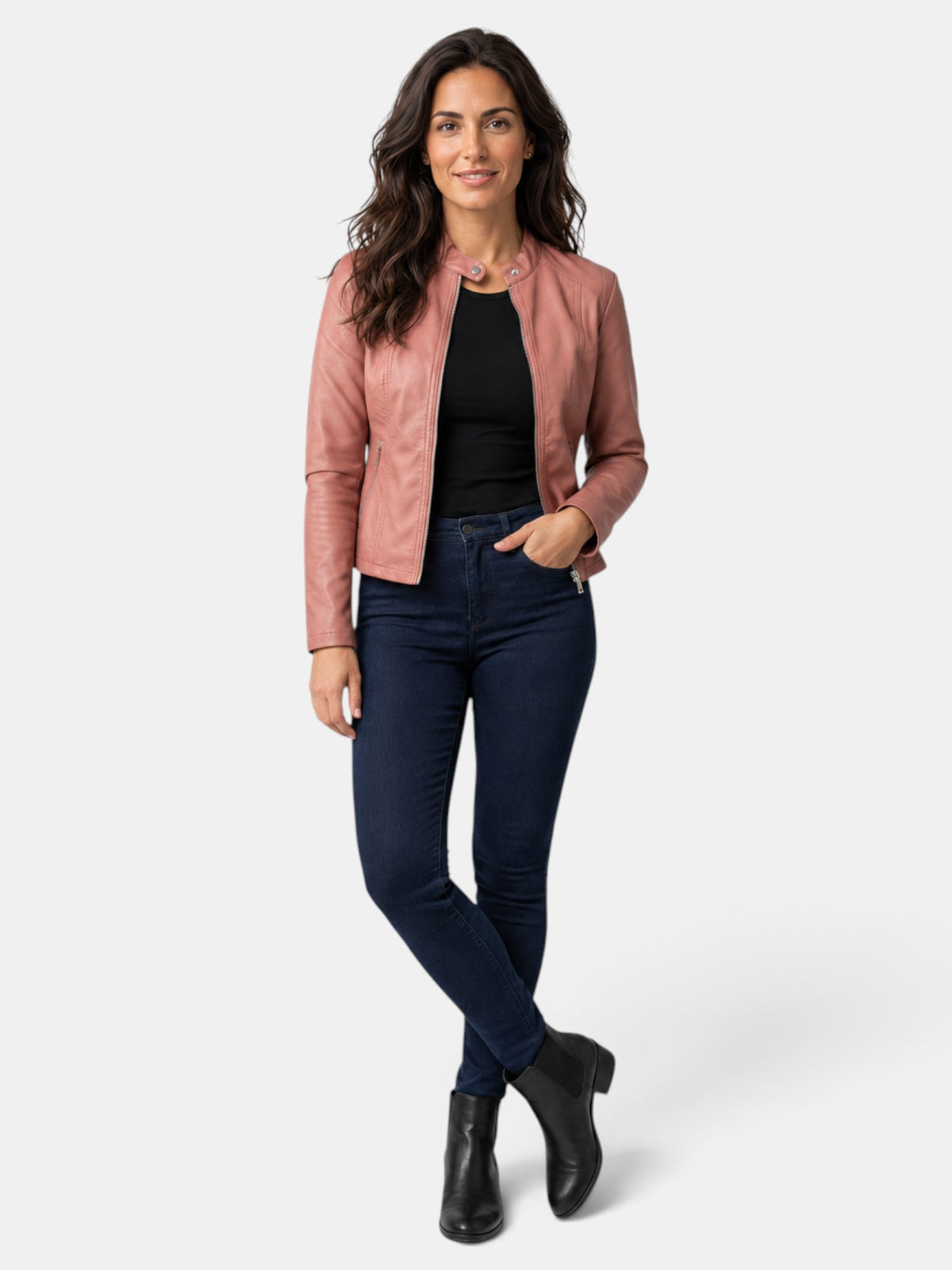 Chaqueta de Piel para Mujer con Cuello Mao y Cremallera