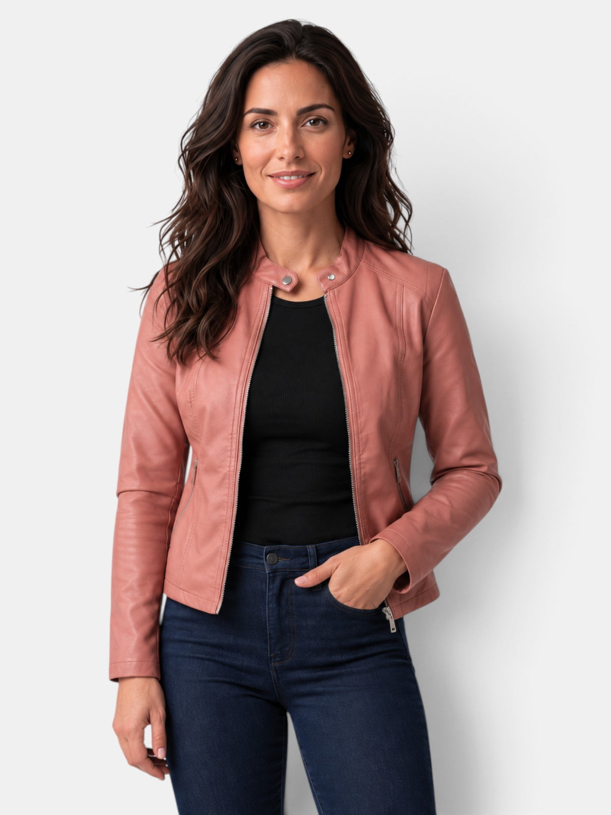 Chaqueta de Piel para Mujer con Cuello Mao y Cremallera