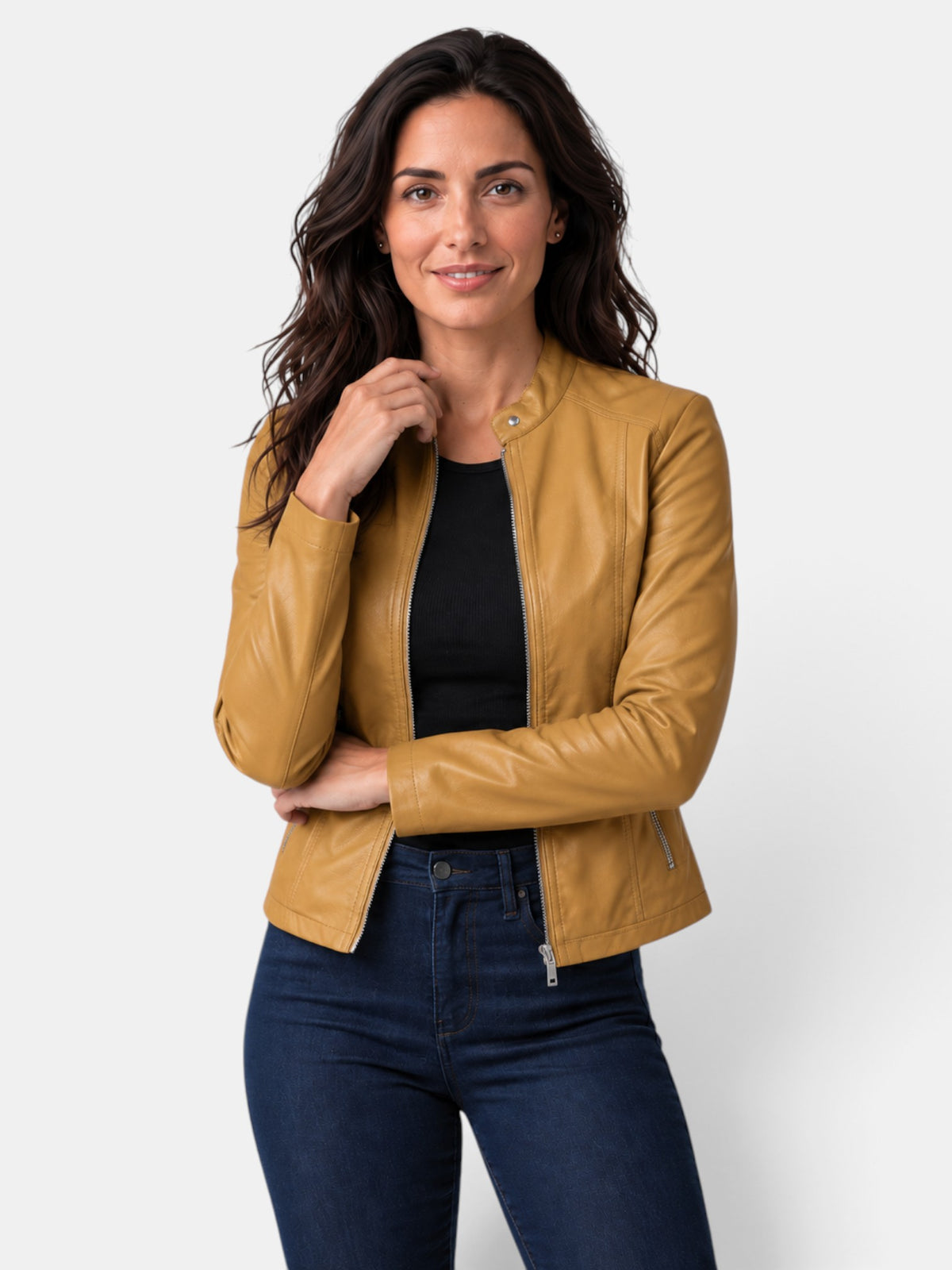 Chaqueta de Piel para Mujer con Cuello Mao y Cremallera