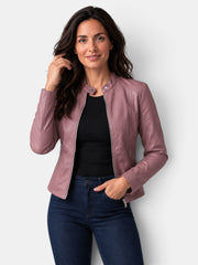 Chaqueta de Piel para Mujer con Cuello Mao y Cremallera