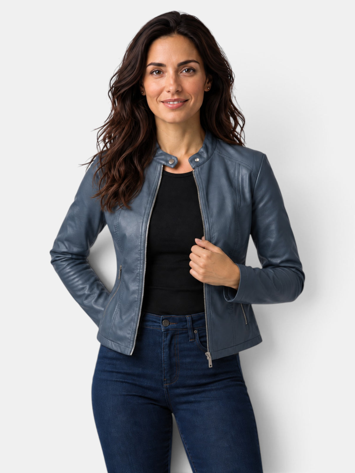 Chaqueta de Piel para Mujer con Cuello Mao y Cremallera