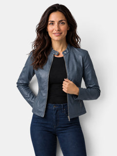 Chaqueta de Piel para Mujer con Cuello Mao y Cremallera