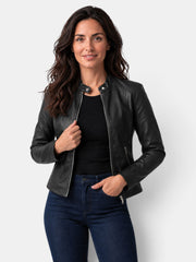Chaqueta de Piel para Mujer con Cuello Mao y Cremallera