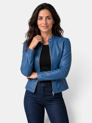 Chaqueta de Piel para Mujer con Cuello Mao y Cremallera