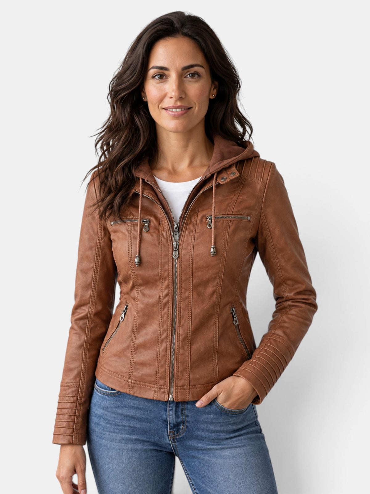 Women's Faux Leather Waterproof Hooded Jacket