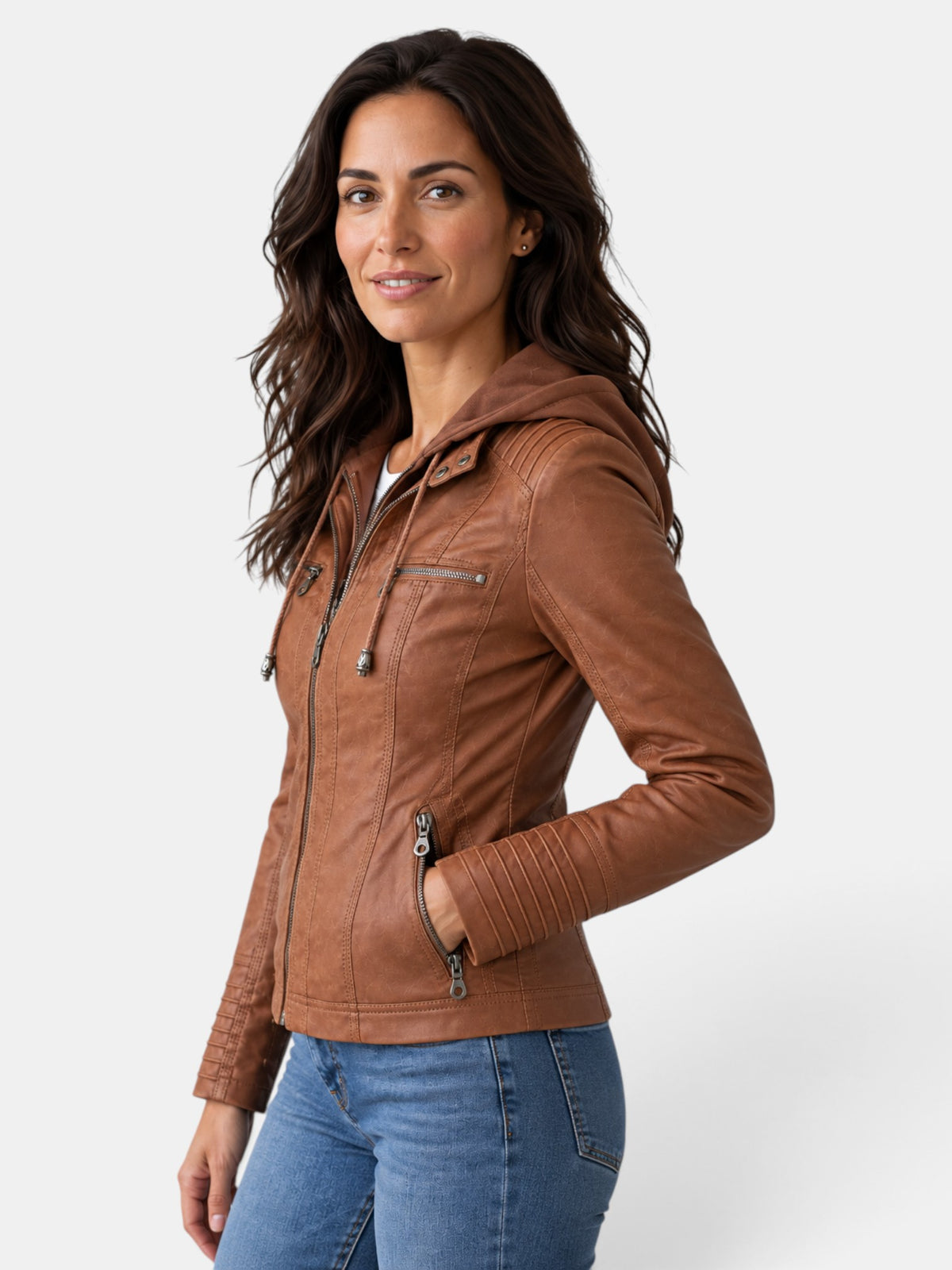 Women's Faux Leather Waterproof Hooded Jacket