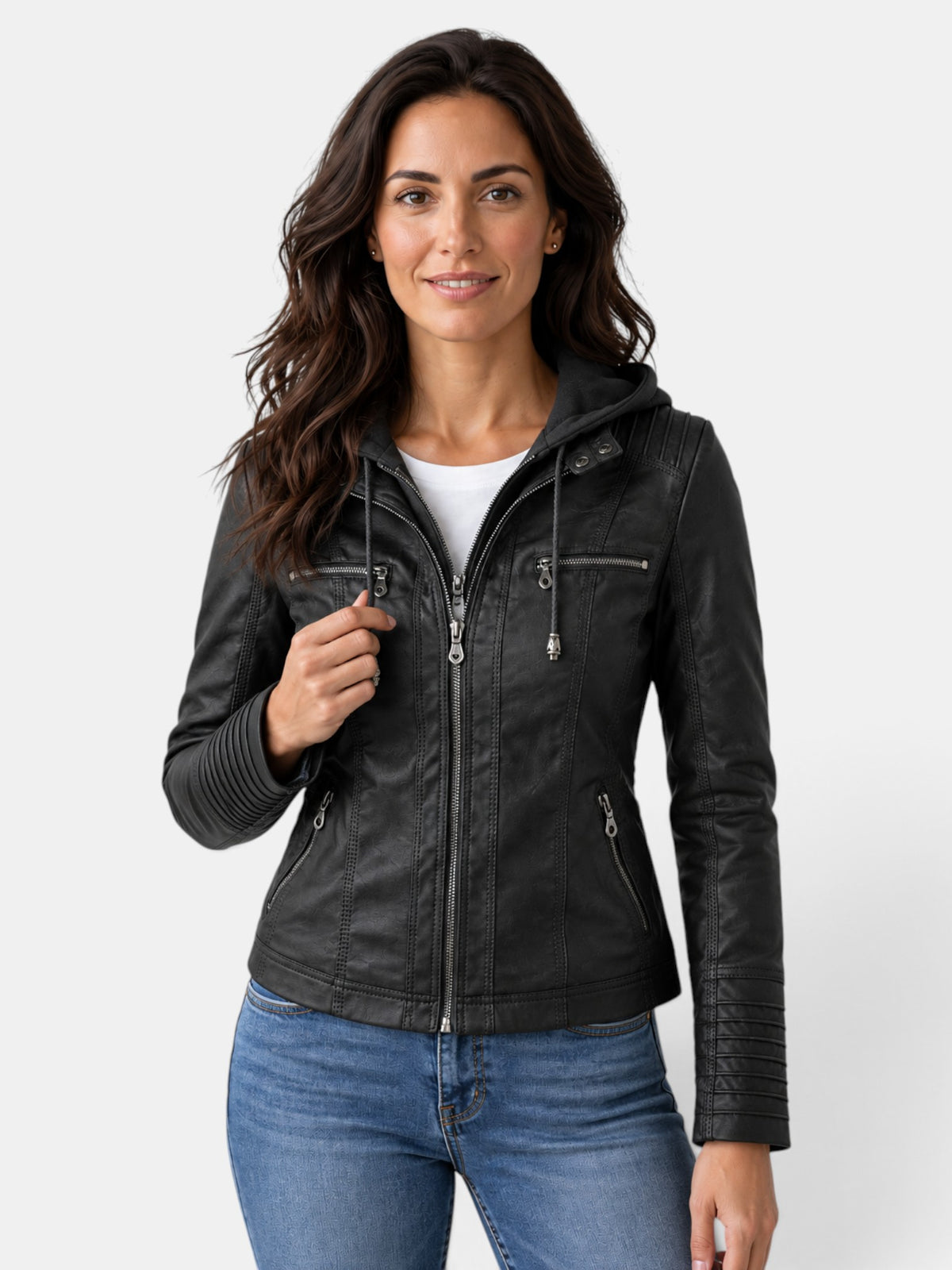 Women's Faux Leather Waterproof Hooded Jacket