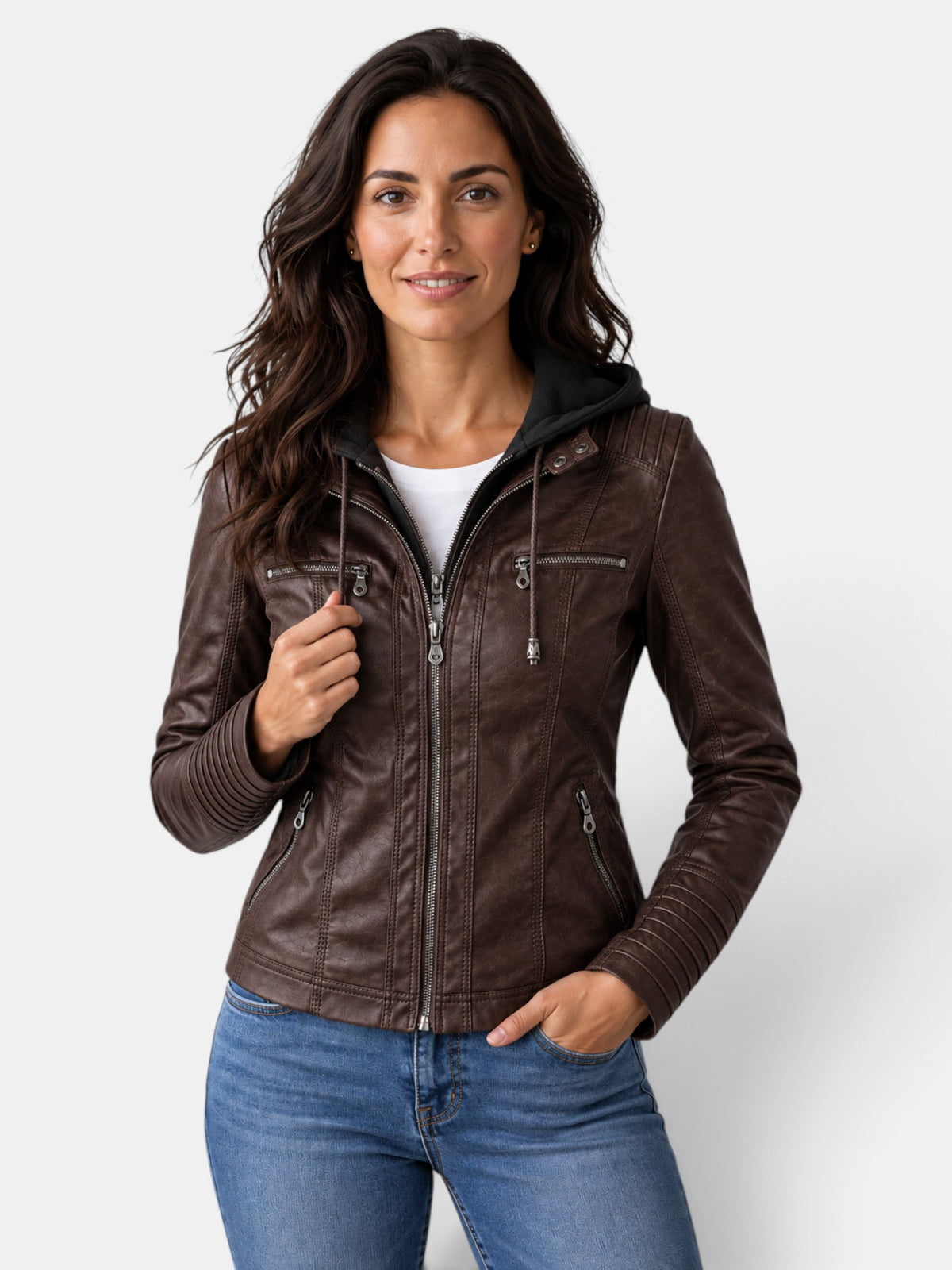 Women's Faux Leather Waterproof Hooded Jacket