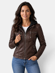 Women's Faux Leather Waterproof Hooded Jacket