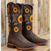 Botas Camperas Boho de Piel para Mujer con Girasoles Bordados