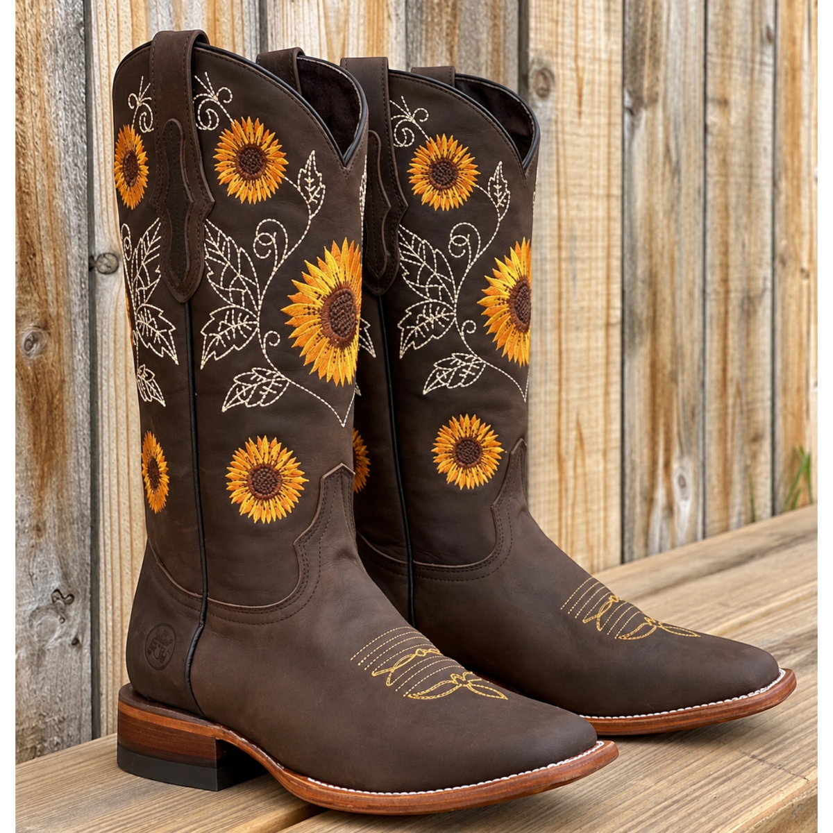 Botas Camperas Boho de Piel para Mujer con Girasoles Bordados