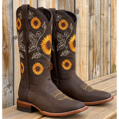 Women's Leather Boho Western Boots - Sunflower Embroidery