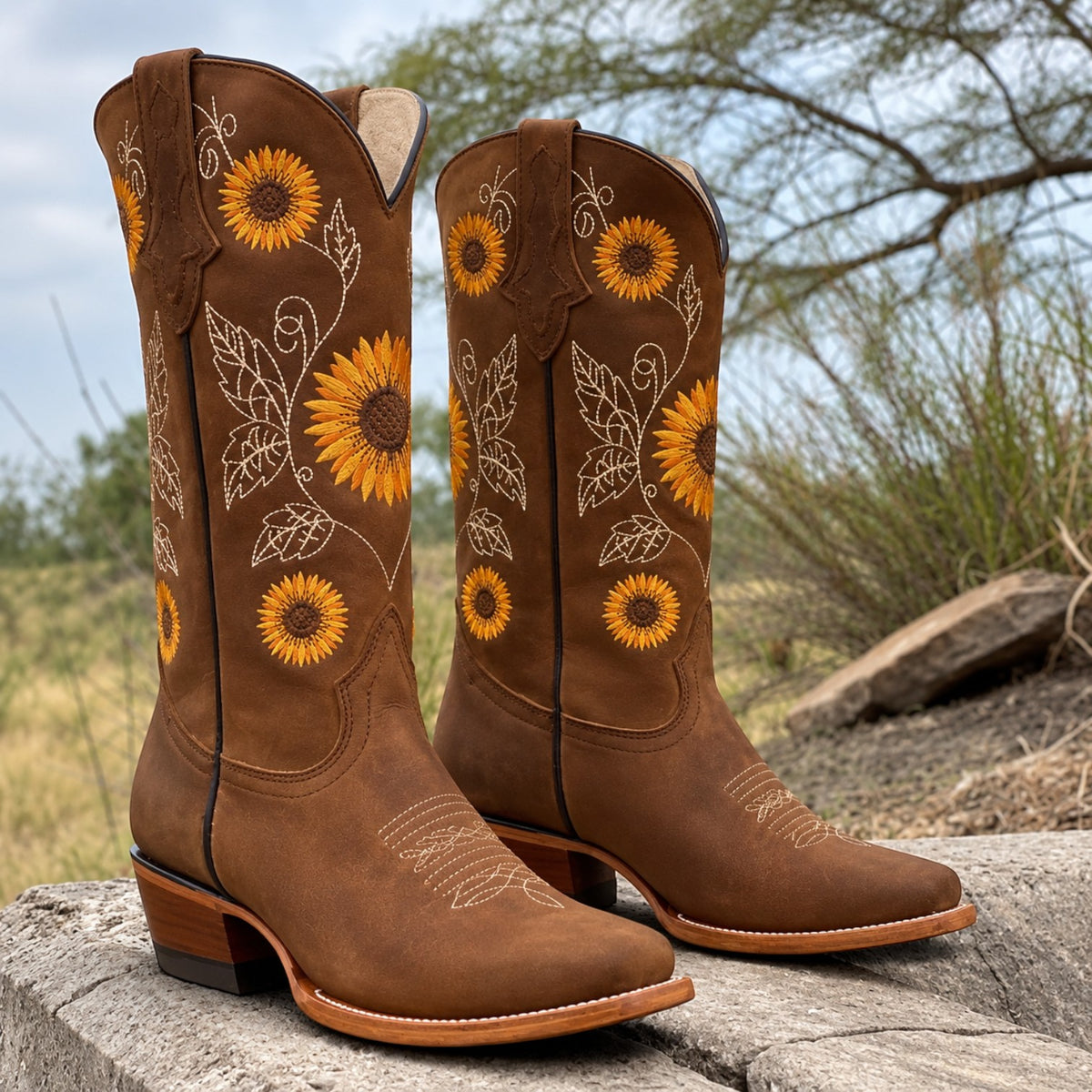 Botas Camperas Boho de Piel para Mujer con Girasoles Bordados