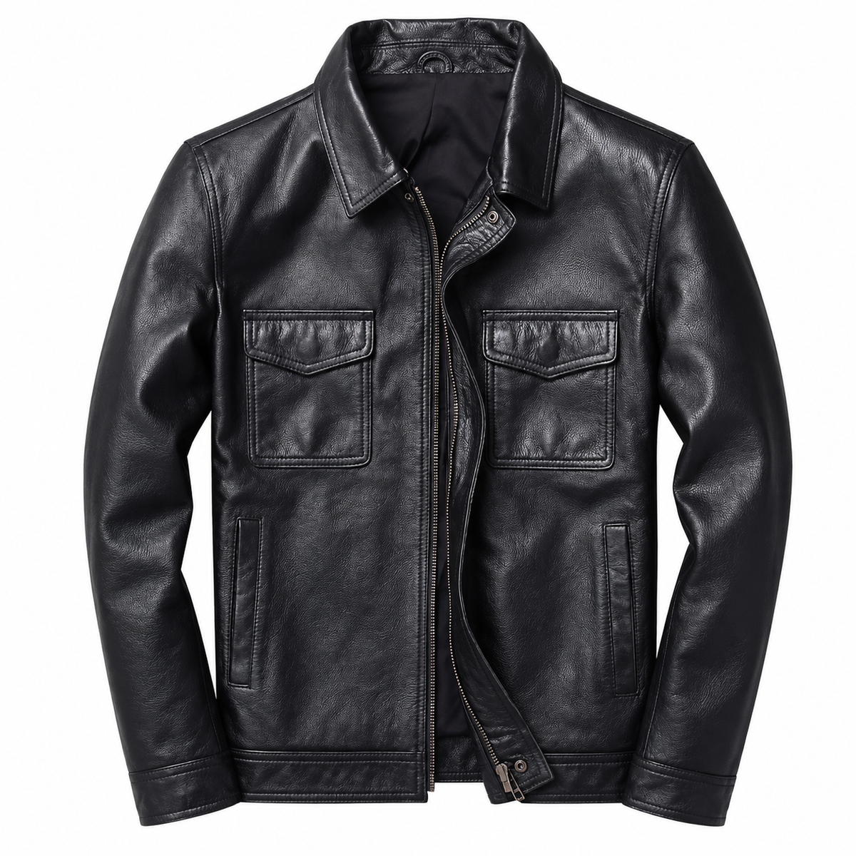 Chaqueta de Cuero Genuino Hombre Cuello Alzado con Cremallera