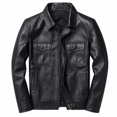 Chaqueta de Cuero Genuino Hombre Cuello Alzado con Cremallera