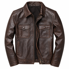 Chaqueta de Cuero Genuino Hombre Cuello Alzado con Cremallera