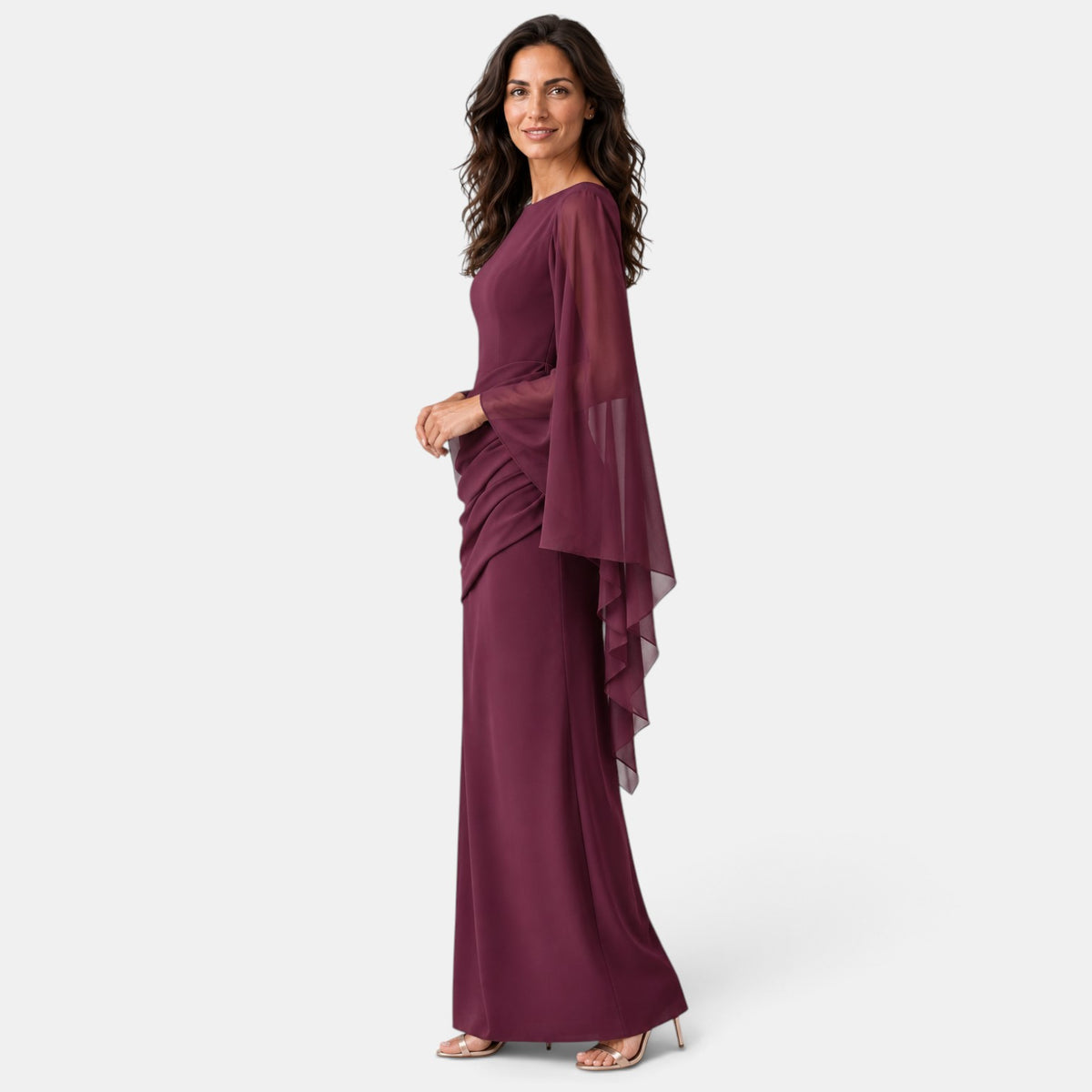 Vestido Largo de Noche Burdeos con Mangas Capa de Crepé