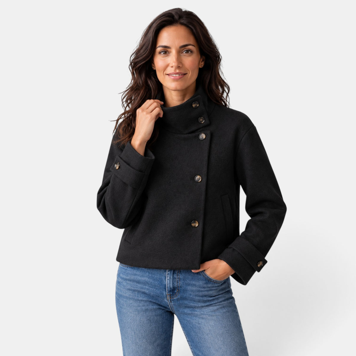 Women's Cropped Wool Blend Jacket - Buckle Collar