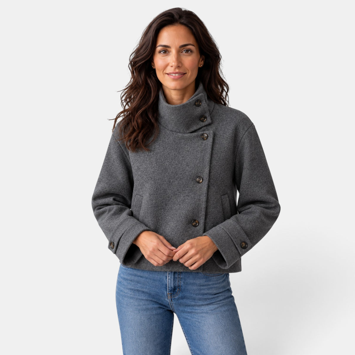 Chaqueta Mujer Cropped Mezcla de Lana Cuello con Hebilla